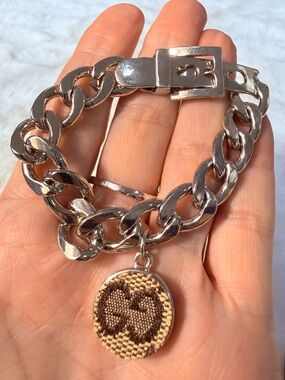 Gucci upcycled Silver Chain Bracelet with Beige Brown Monogram Charm